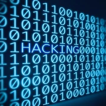 Inscription hacking between binary code digits on blue digital screen 库存插图