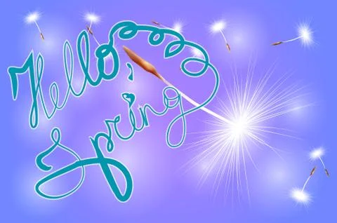 Inscription Hello spring on a blue background with flying dandelion seeds Stockillustratie