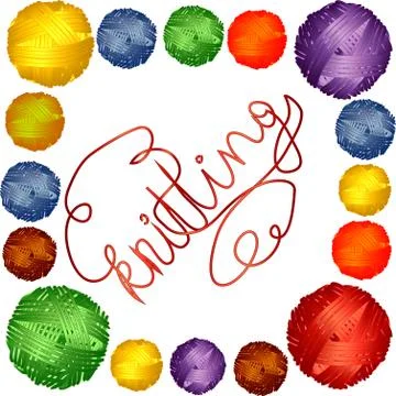 Inscription Knitting in a Square Frame of multi-colored wool balls Stock Illustration