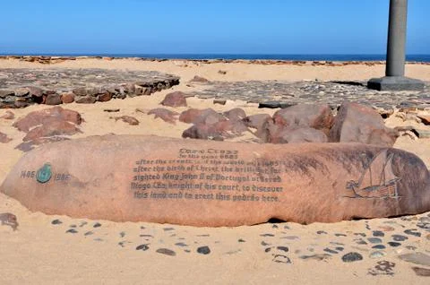 Inscription next to the the cross planted by Diogo Cão at Cape Cross, Namibi Stock Photos