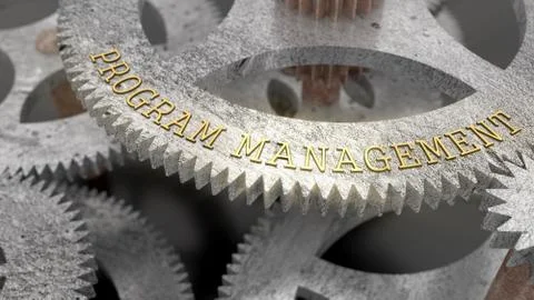 The inscription PROGRAM MANAGEMENT on the gear of the clock mechanism Stock Illustration