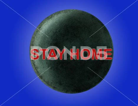 The inscription in red STAY HOME over the planet Uranus on a blue background. Stock Illustration