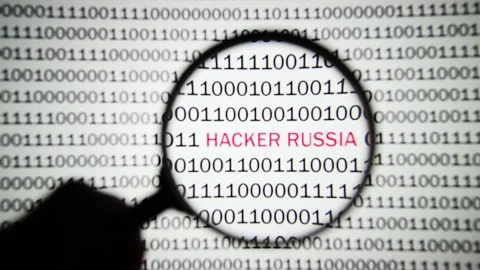 Inscription Russian hackers among the binary code on a white background. Stock Footage 145466697