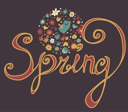 Inscription Spring with curls and pattern with a bird Stock Illustration