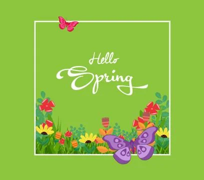 Inscription Spring Time on background with spring flowers and butterflies Stock Illustration