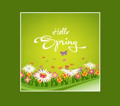 Inscription Spring Time on background with spring flowers and butterflies Illustrazione stock