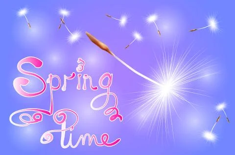 Inscription Spring time on a blue background with flying dandelion seeds Stock Illustration
