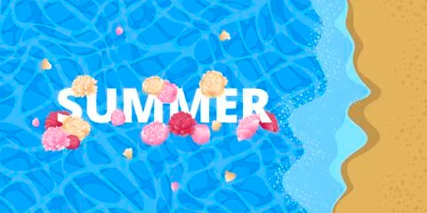 Inscription summer on a background of blue water of the sea. Flowers a floating Stock Illustration