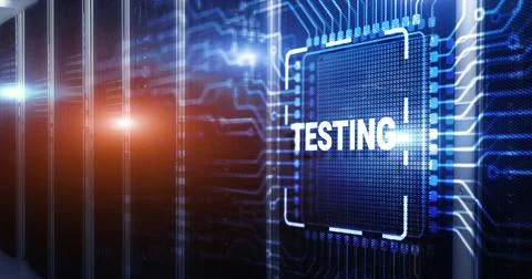 Inscription Testing. Business Process on Electronic Circuit Board Chip Stock Illustration