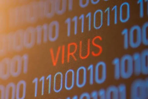 Inscription Virus between binary code on computer screen Foto stock