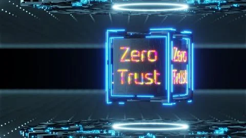 The inscription zero trust on a technology cube. Network connection concept.. 스톡 일러스트
