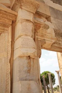 Inscriptions on the columns at ephesus Stock Photos