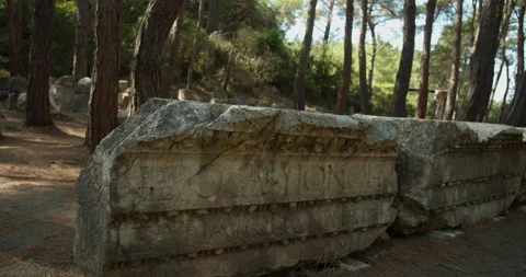 Inscriptions in Latin on the stone elements of the ancient building. Stock Footage 133204735
