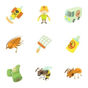 Insect control icons set, cartoon style Stock Illustration