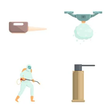 Insect control icons set cartoon vector. Disinfector man in protective suit Stock Illustration