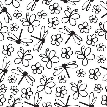 Insect doodle seamless pattern. Hand drawn monochrome spring wildlife backgro Stock Illustration