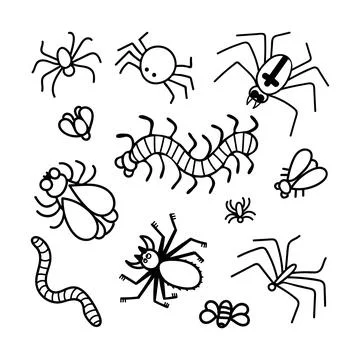 Insect doodle set. Flies, worm, spider, centipede. Vile wild animals. Hand dr Stock Illustration