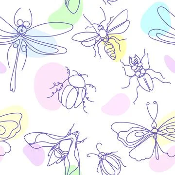 Insect. Elegant bee, bug, moth, butterfly. Vector color seamless pattern on w Stock Illustration