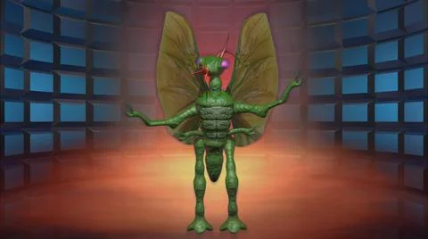 Insect ET , insectoid alien in spaceship teleporting . 3d render illustration Stock Illustration