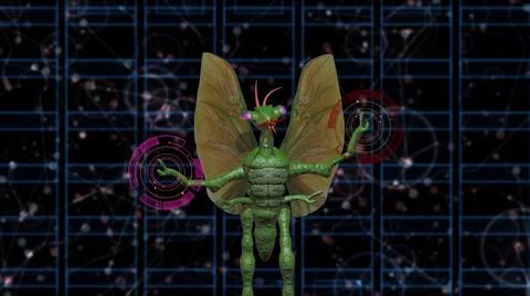 Insect ET , insectoid alien in spaceship navigation room. 3d render illustration Stock Illustration