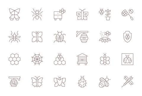 Insect Exclusive Vector Set featuring 24 Thin Line Grid Fitted 128x128 Icons Stock Illustration