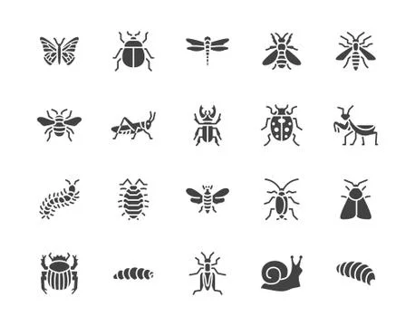 Insect flat glyph icons set. Butterfly, bug, dung beetle, grasshopper, cockroach Stock Illustration