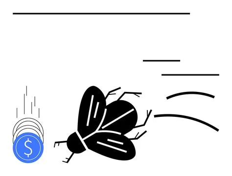 Insect flying away from a falling stack of coins, representing fleeing financ 스톡 일러스트