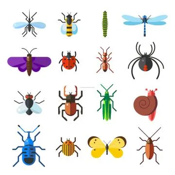 Insect icon flat set isolated on white background Stock Illustration