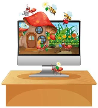 Insect kingdom on computer screen background Illustrazione stock