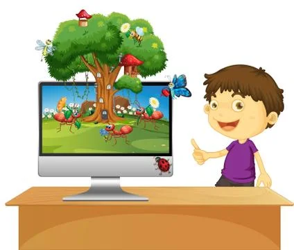 Insect kingdom on computer screen background Illustrazione stock