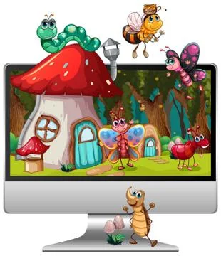 Insect magical land on computer screen desktop 스톡 일러스트