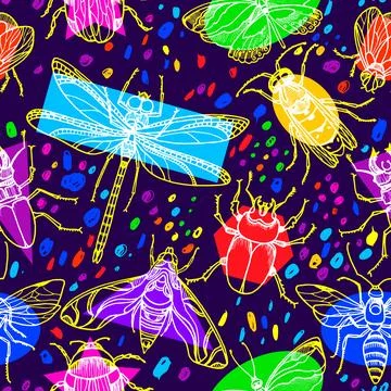 Insect on night sky. Seamless pattern. Vector geometry sketch on black backgr Stock Illustration