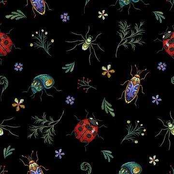 Insect pattern. Garden embroidery branch and beetle, silk stitch vintage ethnic 스톡 일러스트