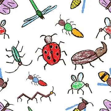 Insect seamless pattern. Crazy doodle insects set background. 스톡 일러스트