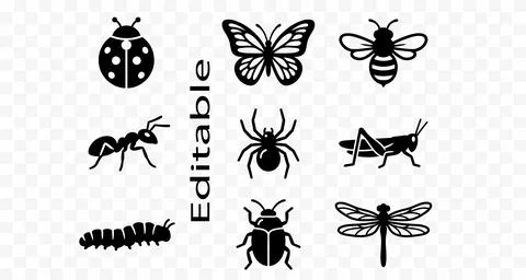 Insect silhouettes collection editable clip art Stock Illustration