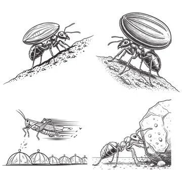 Insect vector set with working ants carrying seeds and jumping grasshopper Stock Illustration