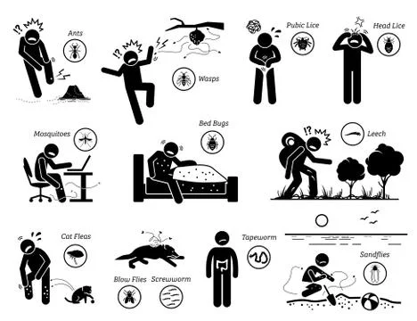 Insects and parasites attacking, biting, and stinging human. The icons, signs Stock Illustration