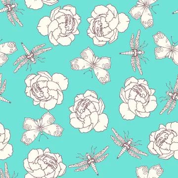 Insects and peony seamless pattern on white background Stock Illustration