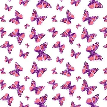 Insects, butterfly pattern, background, purple pink spring mood pattern. Stock Illustration