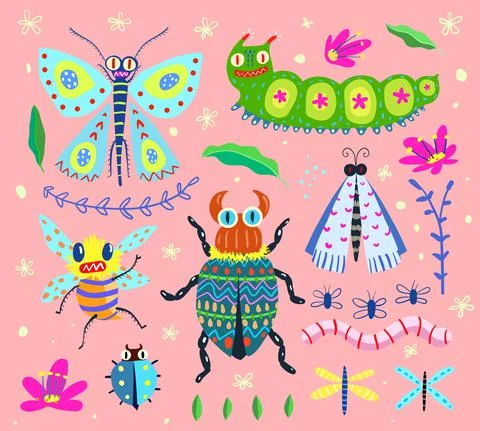 Insects Hand Drawn Bugs Modern Collection Stock Illustration