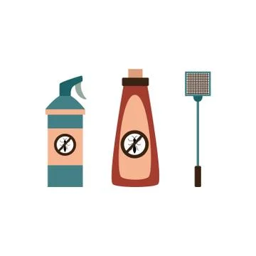 Insects pest control sprays and fly swatter flat vector illustration isolated. Stock Illustration