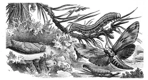 Insects pine hawk moth Sphinx pinastri with caterpillars and pupa Historic Stock Illustration