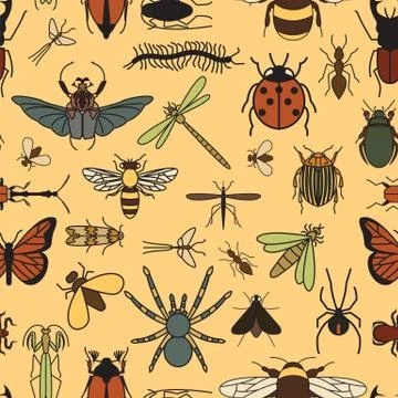Insects seamless pattern. 24 pieces in set. Stock Illustration