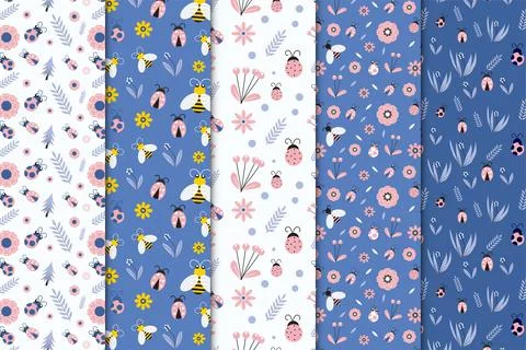 Insects seamless pattern collection vector with flowers and leaves. Beautiful Stock Illustration