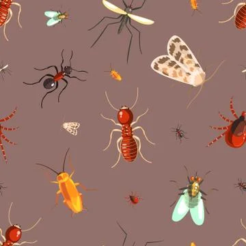 Insects Seamless Pattern with Moths, Ants, Cockroaches, Flies Vector Illustrazione stock