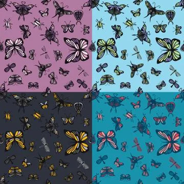 Insects seamless patterns set Stock Illustration