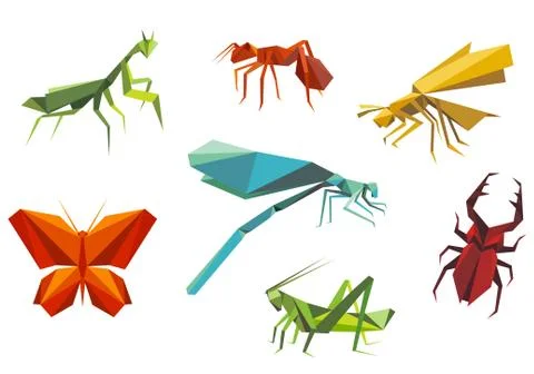 Insects set in origami style Stock Illustration