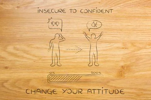 Insecure to confident: changing attitude, progress bar &amp; comic bubble Stock Illustration