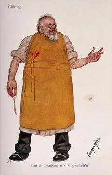 An insensitive surgeon. Colour process print by C. Josef, c. 1930. Stock Illustration