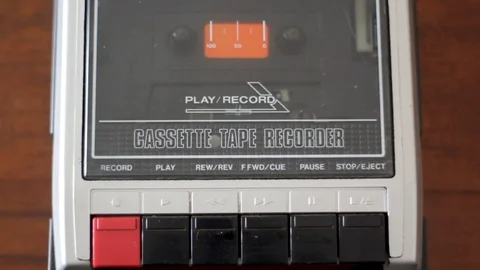 Insert cassette on old retro cassete tape recorder. Top view Stock Footage 88333394